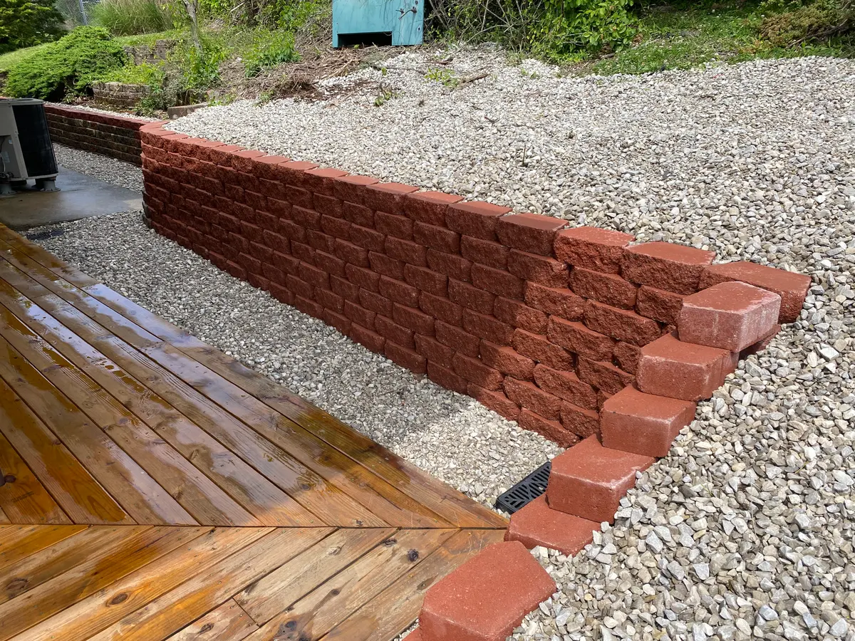 Completed block retaining wall and surrounding grade